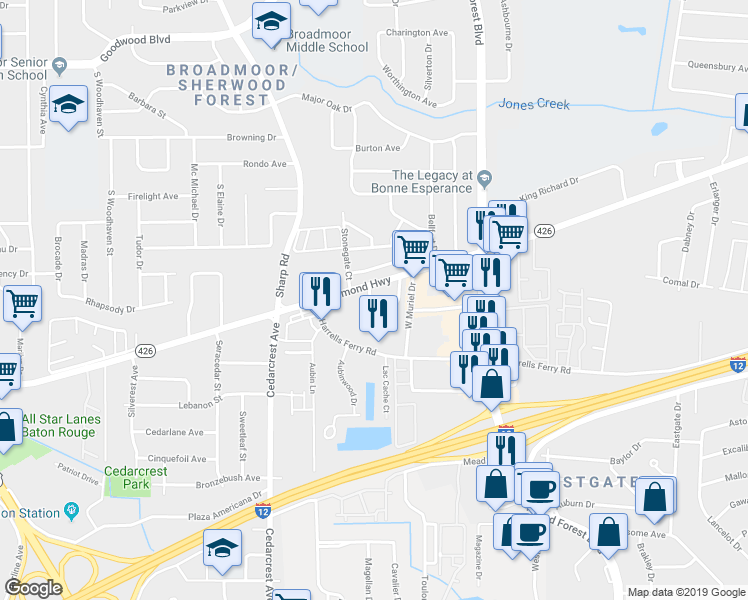 map of restaurants, bars, coffee shops, grocery stores, and more near 11025 Darius Dr in Baton Rouge