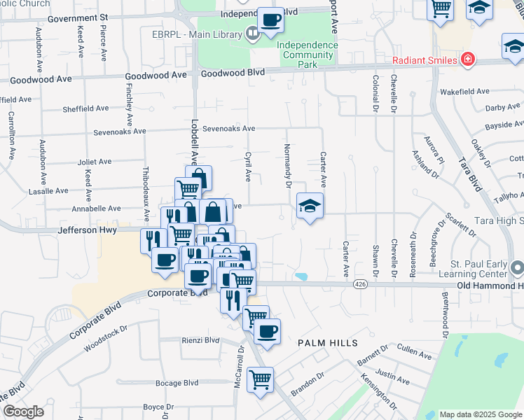 map of restaurants, bars, coffee shops, grocery stores, and more near 7808 Lasalle Avenue in Baton Rouge