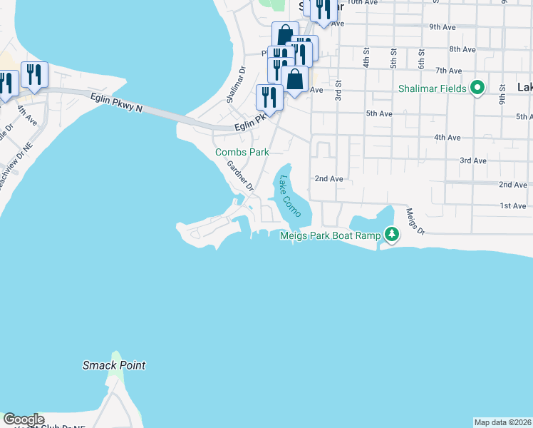 map of restaurants, bars, coffee shops, grocery stores, and more near 109 Port Drive in Shalimar