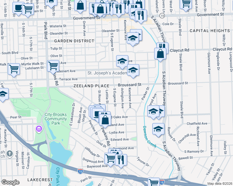 map of restaurants, bars, coffee shops, grocery stores, and more near 1477 South Eugene Street in Baton Rouge