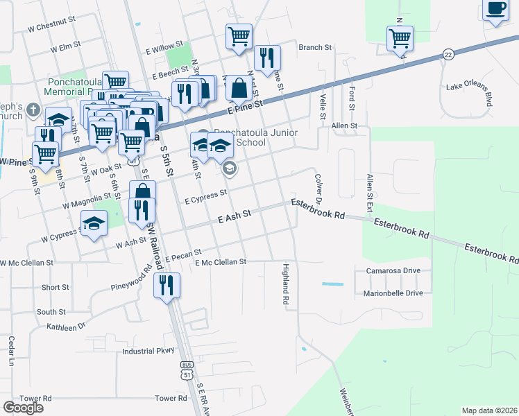 map of restaurants, bars, coffee shops, grocery stores, and more near 490 South 2nd Street in Ponchatoula