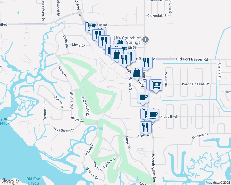 map of restaurants, bars, coffee shops, grocery stores, and more near 6421 Poco Road in Ocean Springs