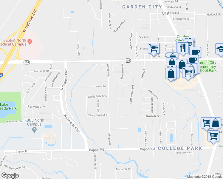 map of restaurants, bars, coffee shops, grocery stores, and more near 10997 Wingate Road in Jacksonville