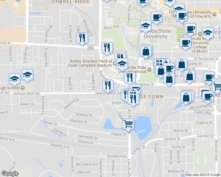 map of restaurants, bars, coffee shops, grocery stores, and more near 428 Indian Village Trail in Tallahassee
