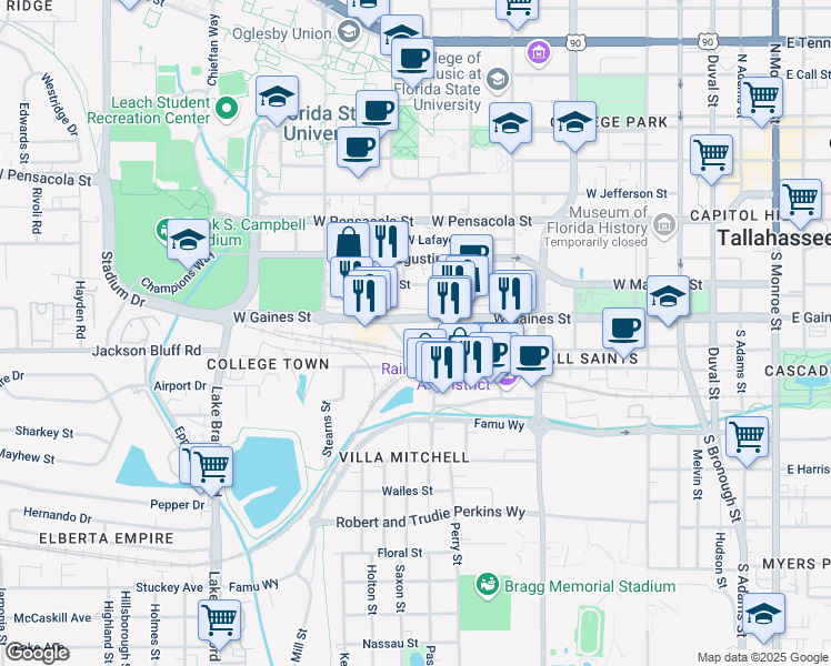 map of restaurants, bars, coffee shops, grocery stores, and more near 711 West Gaines Street in Tallahassee
