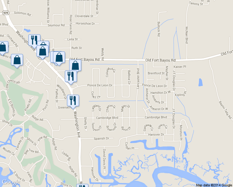 map of restaurants, bars, coffee shops, grocery stores, and more near 6560 Columbus Circle in Ocean Springs