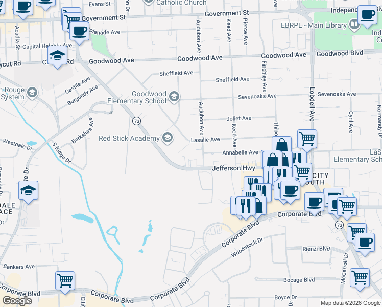 map of restaurants, bars, coffee shops, grocery stores, and more near 1582 Audubon Avenue in Baton Rouge