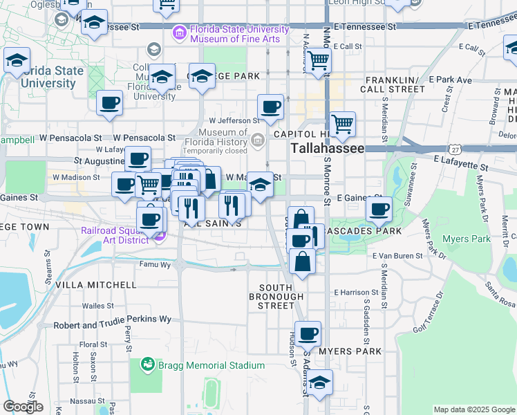map of restaurants, bars, coffee shops, grocery stores, and more near 325 West Gaines Street in Tallahassee
