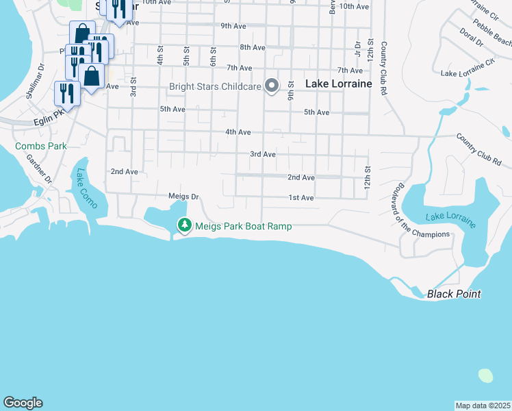 map of restaurants, bars, coffee shops, grocery stores, and more near 3 8th Street in Shalimar