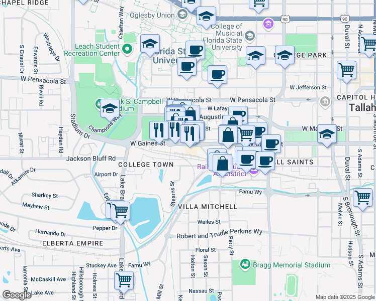 map of restaurants, bars, coffee shops, grocery stores, and more near 805 West Gaines Street in Tallahassee
