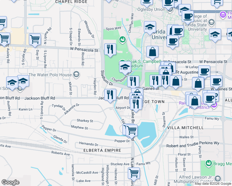 map of restaurants, bars, coffee shops, grocery stores, and more near 431 Indian Village Trail in Tallahassee
