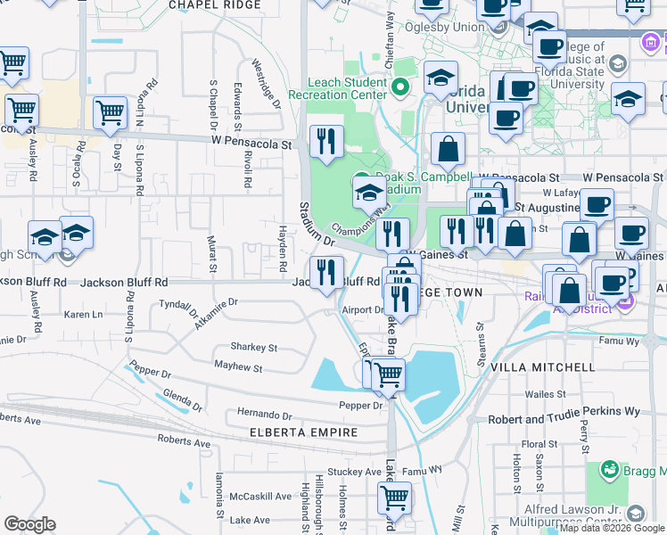 map of restaurants, bars, coffee shops, grocery stores, and more near in Tallahassee