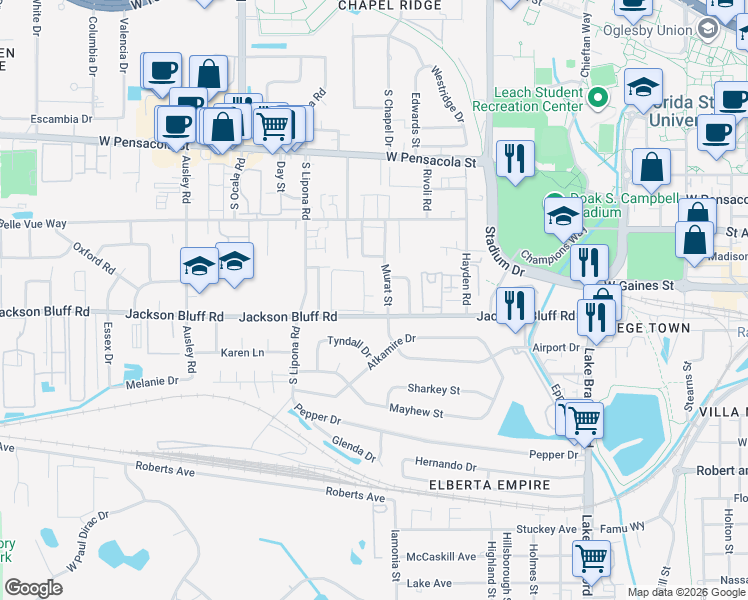 map of restaurants, bars, coffee shops, grocery stores, and more near 1832 Jackson Bluff Road in Tallahassee