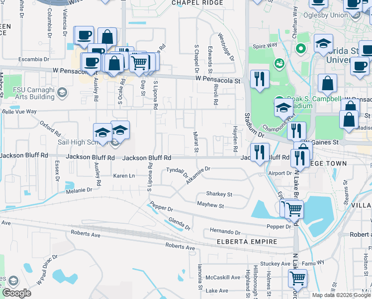 map of restaurants, bars, coffee shops, grocery stores, and more near 1832 Jackson Bluff Road in Tallahassee
