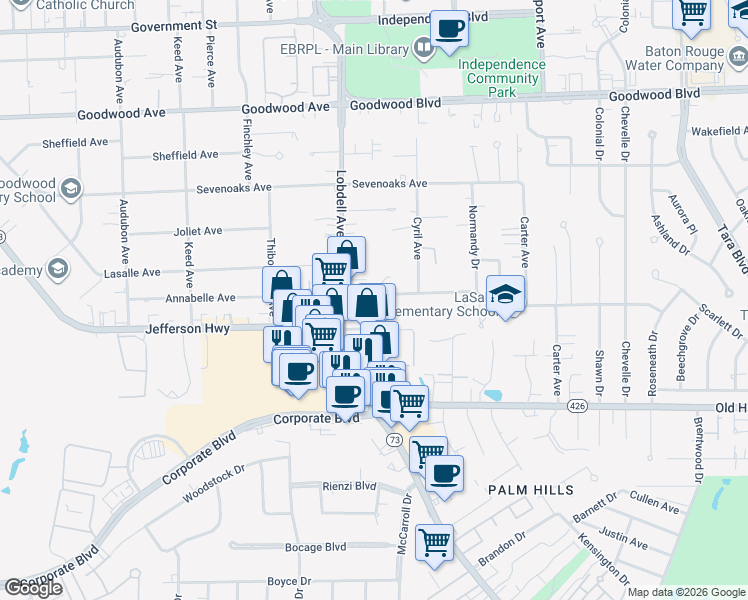 map of restaurants, bars, coffee shops, grocery stores, and more near 7550 Lasalle Avenue in Baton Rouge