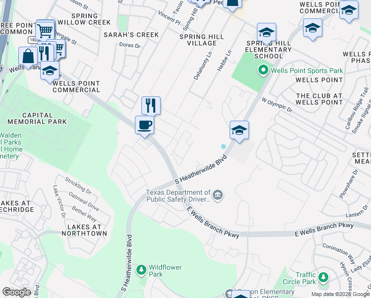 map of restaurants, bars, coffee shops, grocery stores, and more near 15001 Strathaven Pass in Pflugerville