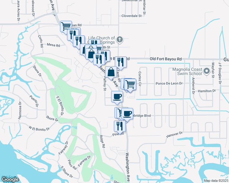 map of restaurants, bars, coffee shops, grocery stores, and more near 6412 Woodland Drive in Ocean Springs