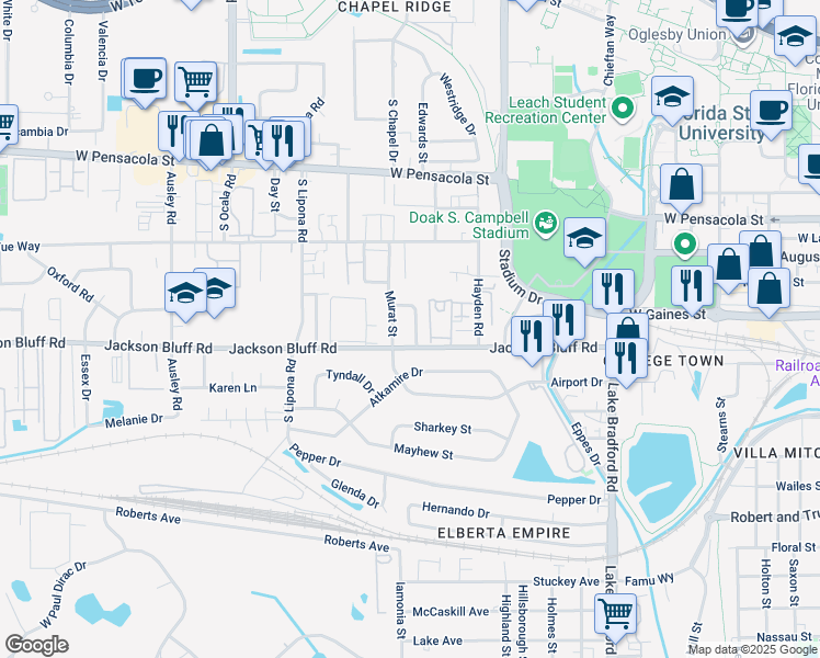 map of restaurants, bars, coffee shops, grocery stores, and more near 413 Murat Street in Tallahassee
