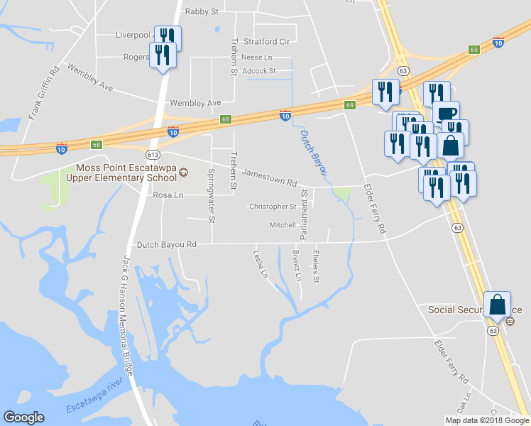 map of restaurants, bars, coffee shops, grocery stores, and more near 4428 Christopher Street in Moss Point
