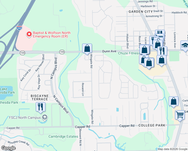 map of restaurants, bars, coffee shops, grocery stores, and more near 10997 Wingate Road in Jacksonville