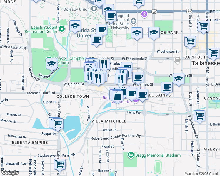 map of restaurants, bars, coffee shops, grocery stores, and more near 715 West Gaines Street in Tallahassee