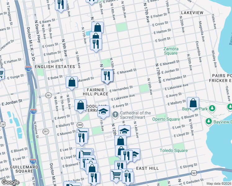 map of restaurants, bars, coffee shops, grocery stores, and more near 1905 North 13th Avenue in Pensacola