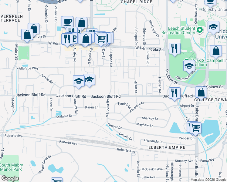 map of restaurants, bars, coffee shops, grocery stores, and more near 422 Fairbanks Drive in Tallahassee