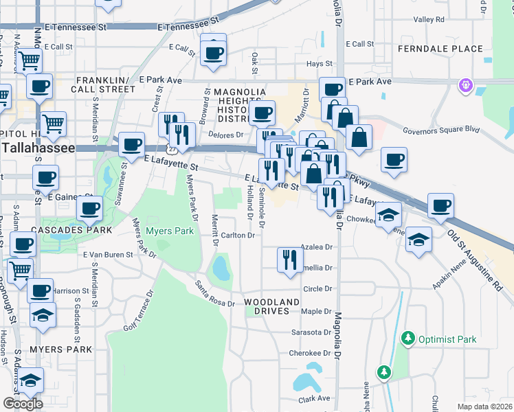 map of restaurants, bars, coffee shops, grocery stores, and more near 1052 Seminole Drive in Tallahassee