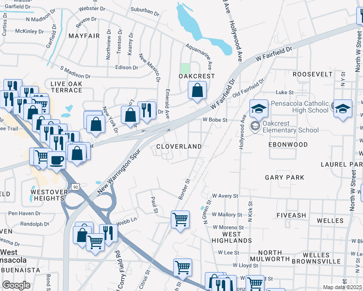 map of restaurants, bars, coffee shops, grocery stores, and more near 11 Cloverland Court in Pensacola