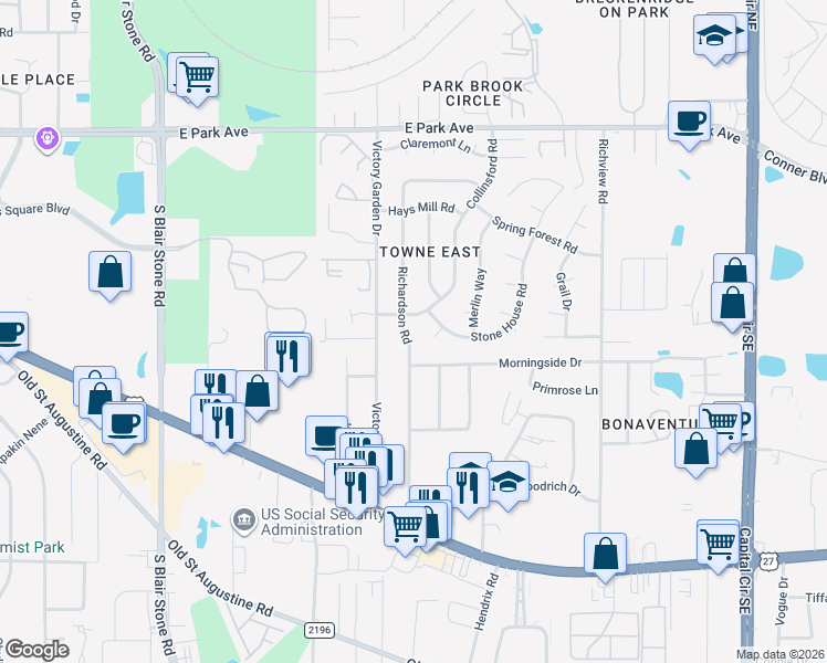 map of restaurants, bars, coffee shops, grocery stores, and more near 1083 Richardson Road in Tallahassee