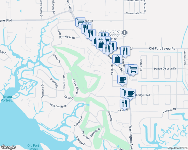 map of restaurants, bars, coffee shops, grocery stores, and more near 6313 Prado Road in Ocean Springs