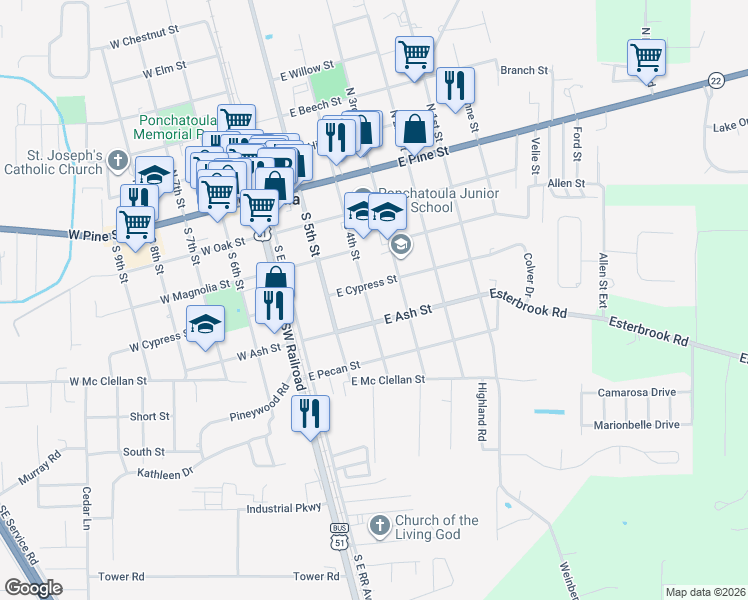 map of restaurants, bars, coffee shops, grocery stores, and more near 440 South 4th Street in Ponchatoula