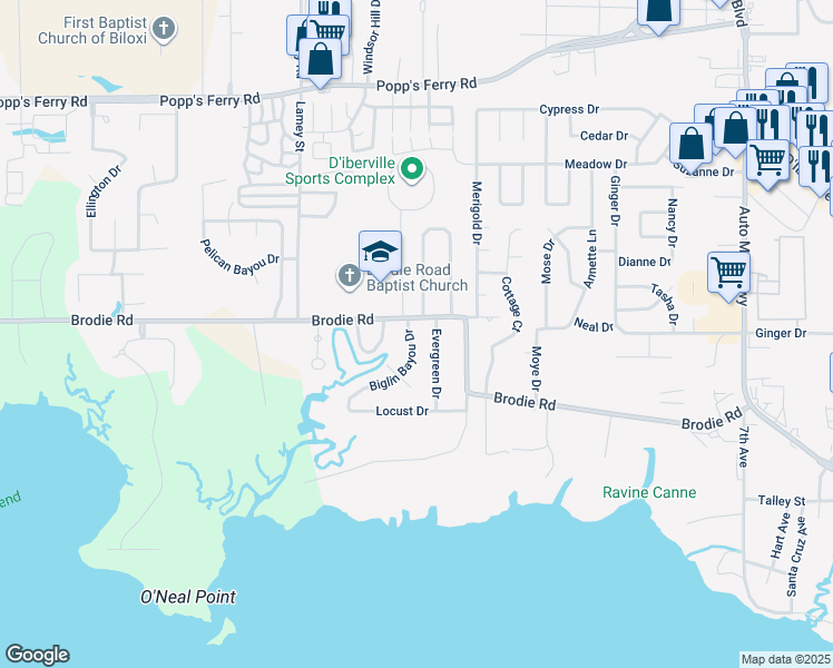 map of restaurants, bars, coffee shops, grocery stores, and more near 4418 Biglin Bayou Dr in D'Iberville