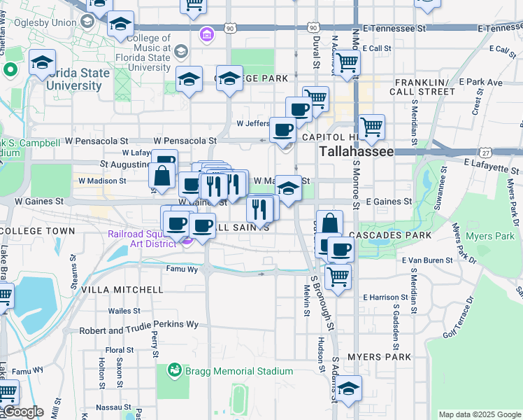 map of restaurants, bars, coffee shops, grocery stores, and more near 810 South Martin Luther King Junior Boulevard in Tallahassee