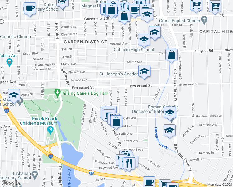 map of restaurants, bars, coffee shops, grocery stores, and more near 1452 Letitia Street in Baton Rouge
