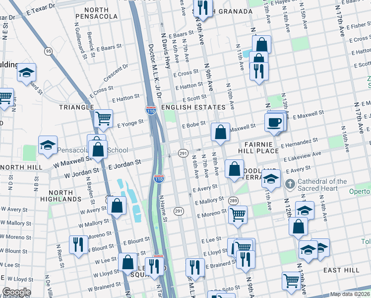map of restaurants, bars, coffee shops, grocery stores, and more near 502 East Jordan Street in Pensacola