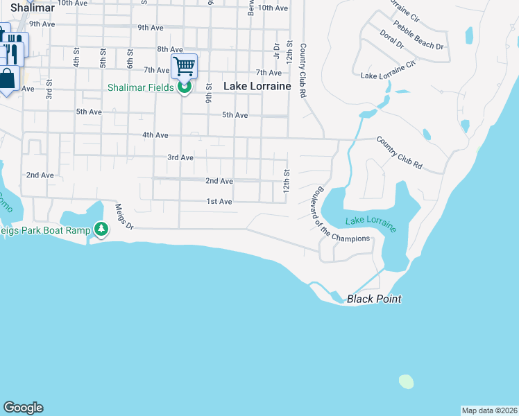 map of restaurants, bars, coffee shops, grocery stores, and more near 10 Dogwood Lane in Shalimar