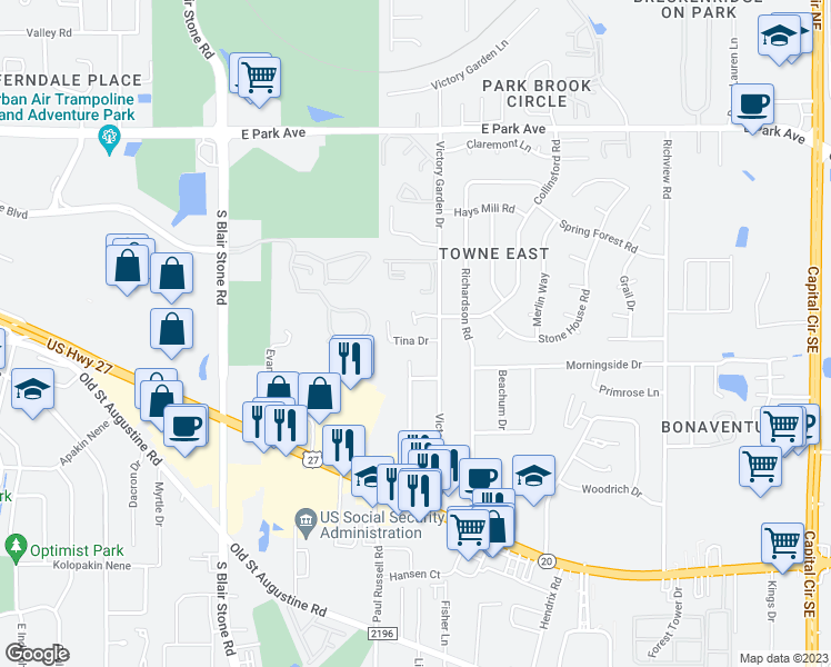 map of restaurants, bars, coffee shops, grocery stores, and more near 2372 Tina Drive in Tallahassee
