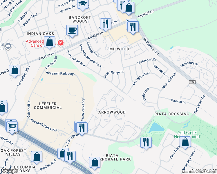 map of restaurants, bars, coffee shops, grocery stores, and more near 12370 Alameda Trace Circle in Austin