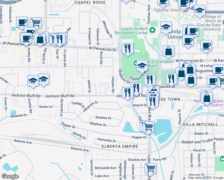 map of restaurants, bars, coffee shops, grocery stores, and more near 414 Hayden Road in Tallahassee