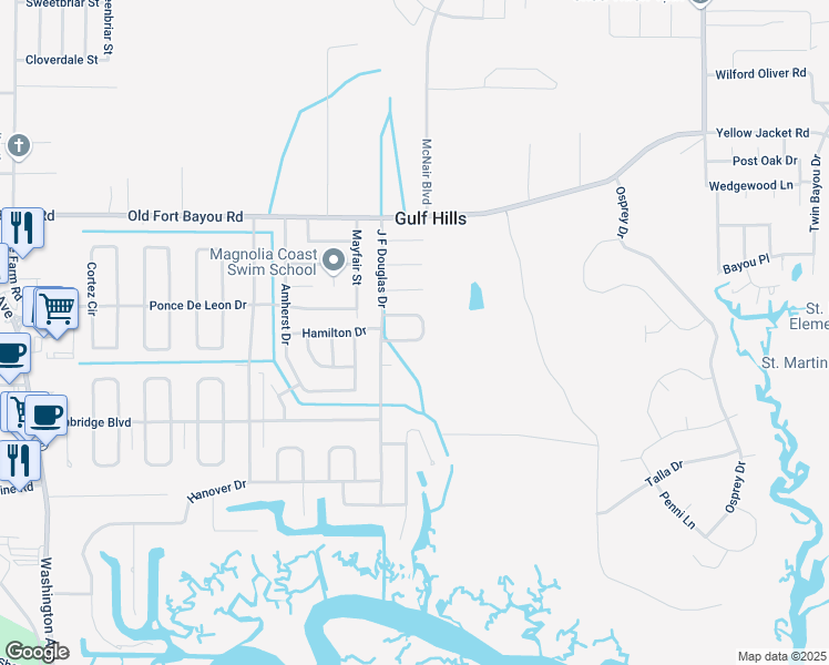 map of restaurants, bars, coffee shops, grocery stores, and more near 12304 Kipling Place in Ocean Springs