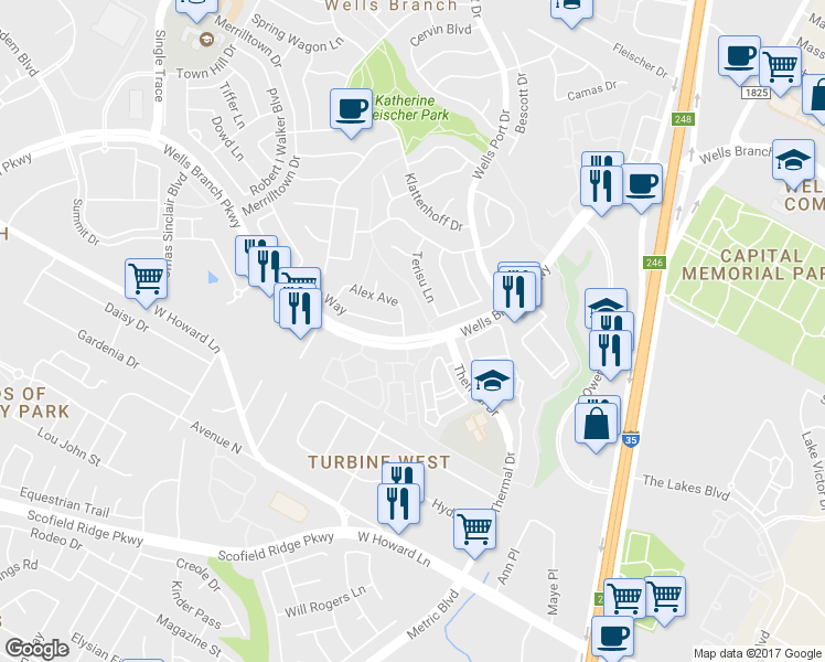 map of restaurants, bars, coffee shops, grocery stores, and more near 1900 Alex Avenue in Austin