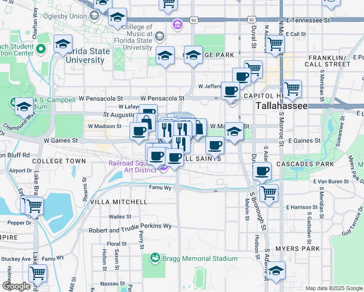 map of restaurants, bars, coffee shops, grocery stores, and more near 809 Railroad Avenue in Tallahassee