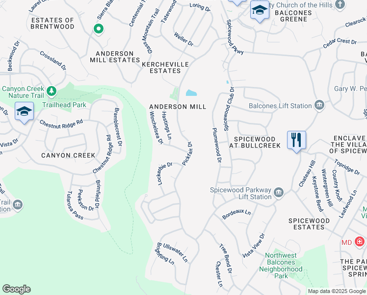 map of restaurants, bars, coffee shops, grocery stores, and more near 10603 Winchelsea Drive in Austin