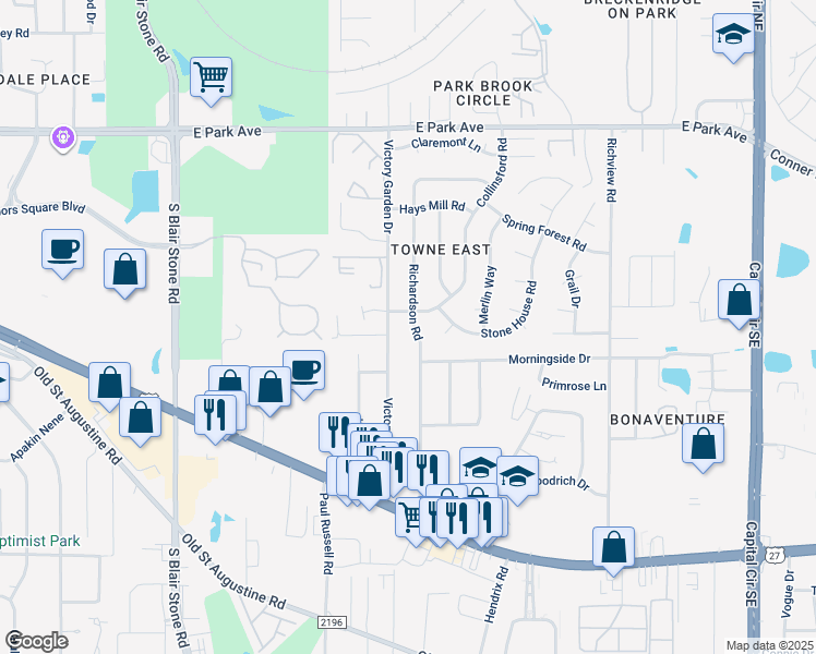 map of restaurants, bars, coffee shops, grocery stores, and more near 1083 Richardson Road in Tallahassee