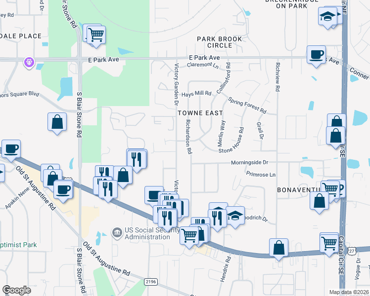 map of restaurants, bars, coffee shops, grocery stores, and more near 1083 Richardson Road in Tallahassee