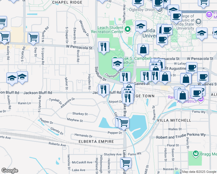 map of restaurants, bars, coffee shops, grocery stores, and more near in Tallahassee