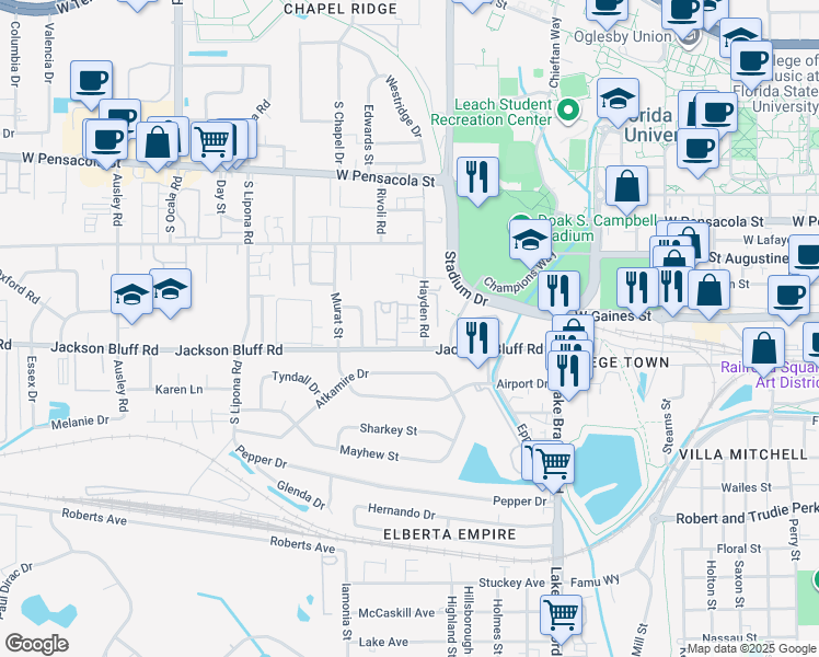 map of restaurants, bars, coffee shops, grocery stores, and more near 414 Hayden Road in Tallahassee