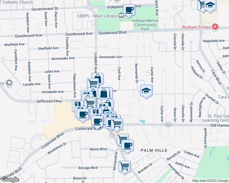 map of restaurants, bars, coffee shops, grocery stores, and more near 7640 Lasalle Avenue in Baton Rouge