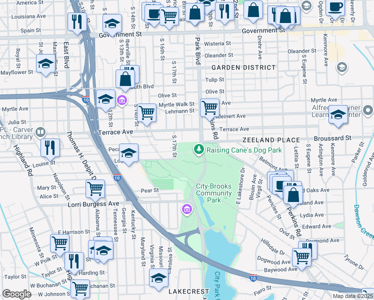 map of restaurants, bars, coffee shops, grocery stores, and more near 1465 South 17th Street in Baton Rouge
